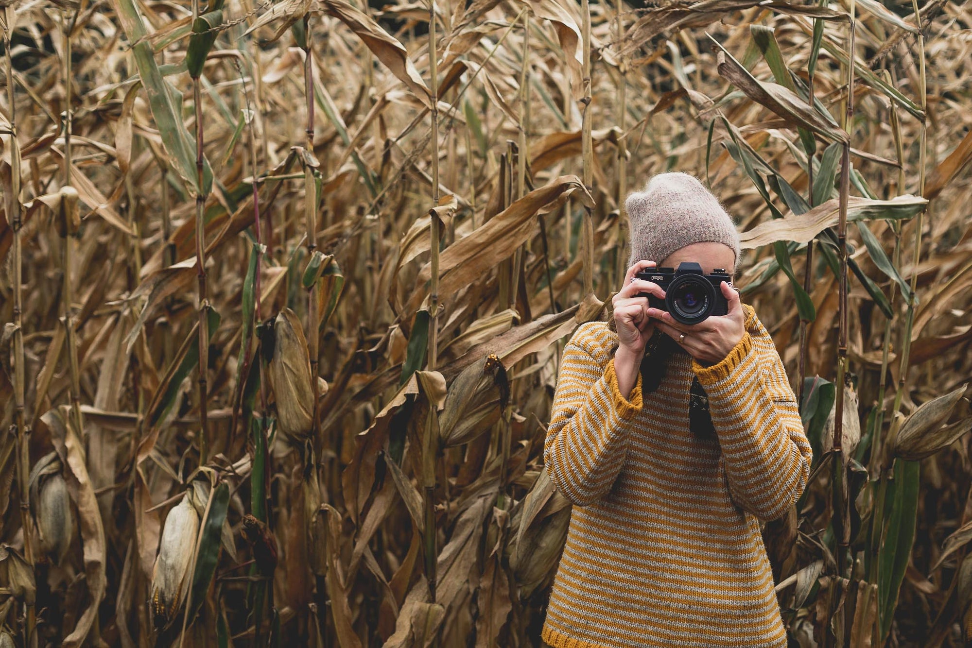 photographer taking a picture in a horn field