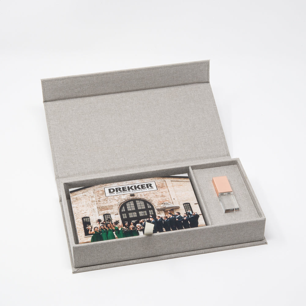 Gray Linen Photo Box with Glass USB (Type-C/USB 3.0)